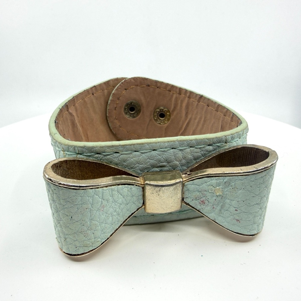Pastel Mint Leather Bow Cuff Bracelet Gold Tone Accent Coquette Aesthetic Gift